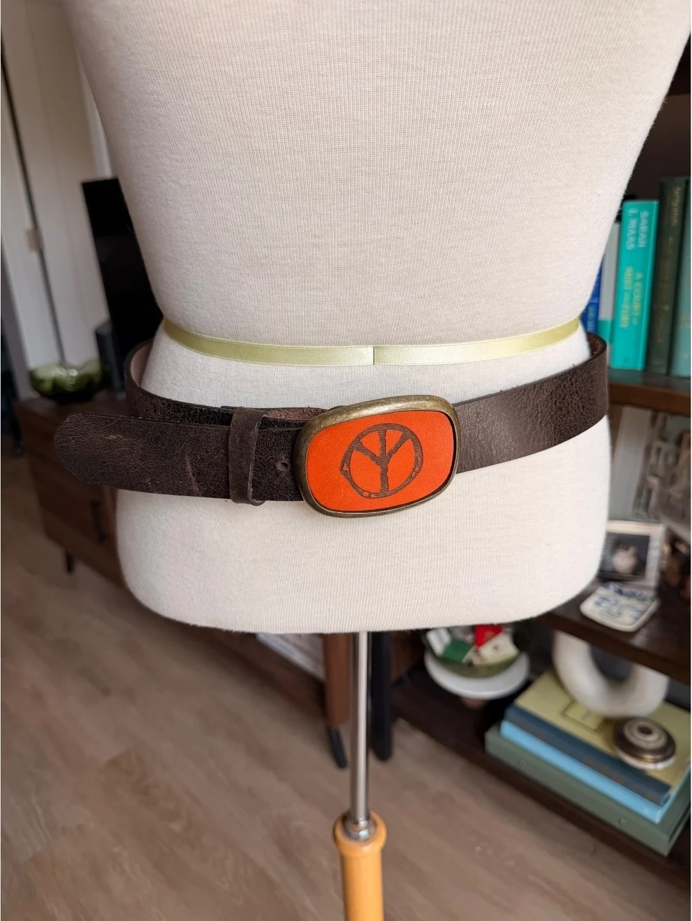 Vintage Dillon Rogers Brown Leather Belt with Orange Peace Sign Buckle, Size S